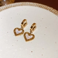 Close-up of gold heart earrings with white shell inlay on a ceramic display - Golden Heart Shell Pendant Earrings (11#)