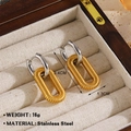 Two-tone stainless steel oval drop earrings with gold spiral texture and dimensions - Two-tone Oval Earrings / Gold and Steel Mix 2