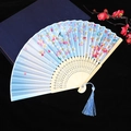 Blue gradient silk folding fan with cherry blossoms, bamboo frame, and blue tassel - No. 60