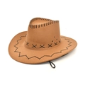 Detail of brown faux suede cowboy hat with black X-shaped crown stitching and wind rope - Khaki