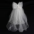 Short bridal white bow hair veil with elegant pearl beads and delicate mesh layers - Double Layer Lettuce Edge Bow Veil (Approx. 50cm - Hair Clip - Beaded Sequin) / White