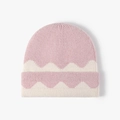 Pink and beige wave pattern knitted beanie hat with thick cuffed brim for women - One Size / Pink