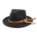 Detailed close-up of a black wool fedora featuring a vintage brown leather decorative band - M(56-58cm) / Black