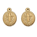Paar goldene Edelstahl-Ovalanhänger mit geprägtem Kreuz und strukturiertem Perlenrand - Gold-Ovales Kreuz