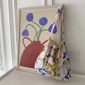 Artistic oil painting floral tote bag with large capacity canvas shoulder strap - Monet Garden Blue Yellow