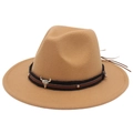Khaki wide brim fedora hat with Western leather belt, metal studs and bull head icon - Camel