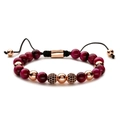 Braided men's bracelet with 8mm fuchsia tiger eye beads and rose gold zircon accents - Rose Red Tiger Eye