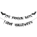 Black glittery It's Frickin Bats I Love Halloween banner decoration with bat silhouettes - Black Glitter