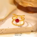 Three-layer gold titanium steel open ring with round red natural stone inlay - Adjustable Open / JOM25019-Gold with Ruby Multi-layer