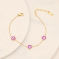 Sweet gold stainless steel bracelet with purple flower evil eye charms and extender - Purple