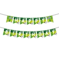 Close-up of Happy Birthday banner with soccer ball designs and green field patterns - Soccer Banner