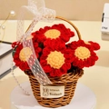 Detail of crochet sunflower basket with red and yellow knitted flowers and lace ribbon - 7 Red Daisies Basket