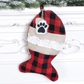 Fish-shaped red and black plaid Christmas stocking for pets with bone tag on mantle - Red and Black Plaid Fish Stocking