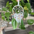 Green feather dreamcatcher variant with white ring, colorful stones and pearl accents - Ms9522g