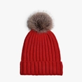 Solid red ribbed knit winter hat with fluffy brown pom-pom and folded brim for warmth - Adult Size (56-60cm) / Red