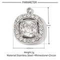 Detail showing dimensions of silver square zircon pendant in polished stainless steel - Silver Square Rhinestone (VG097)