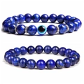 Lapis lazuli beaded bracelet set with blue evil eye charm and silver spacers - Lapis Lazuli Set