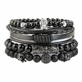 Detail of multi-layer men's bracelet with matte black beads, skull charm and woven leather - Small Skull Set