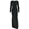 Elegante abito lungo nero a maniche lunghe con strass in vita e dettagli drappeggiati - S / Nero