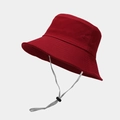 Detail of red wide-brim bucket hat with adjustable windproof cord and precise stitching - M (56-58cm) / Burgundy