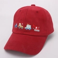 Detail of red corduroy kids baseball cap with colorful construction vehicle embroidery - Kids Size / Construction Vehicles Embroidery / Burgundy