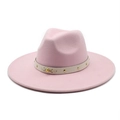 Detail view of pink wool felt fedora with studded leather band and gold metal trim - M(56-58cm) / Pink