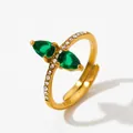 18K gold plated stainless steel ring featuring two pear-cut green gems and zircon accents - Gold + Green Zirconia (KBJ389)