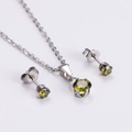 Silver finish jewelry set with lime green zircon necklace and matching stud earrings - Olive Green Zircon Round Set