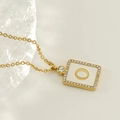 Gold stainless steel necklace with square shell pendant and crystal letter O charm - Gold-O
