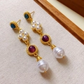 Detail of vintage gold earrings with blue stones, red gems and baroque pearls on beige fabric - 5# Gold Blue White Red Round (Silver Earring Post)