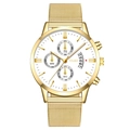 Luxury gold quartz men's watch with white dial, stainless steel mesh band and calendar - Gold Band White Dial