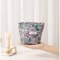 Trousse en lin avec broderie florale violette et tirette de fermeture décorative - Feuille Verte Fleur Violette Petit