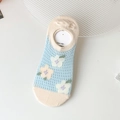 Socquettes bleues en résille à motif floral et bord beige antidérapant - Taille unique / Motif floral bleu