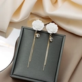 Elegant white rose earrings with long golden tassels and sparkling rhinestones on silk - Gold White Rose Tassel