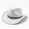 White wool felt cowboy hat with vintage silver concho leather belt and classic wide brim - M(56-58cm) / White
