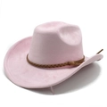 Detailed close-up of pink suede wide brim jazz hat with fringe band and western style design - M (56-59cm) / Pink (Suede)