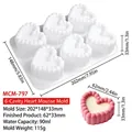 White 6-cavity heart silicone mousse mold with product dimensions and sample cake - 6-Cavity Groove Heart MCM-797
