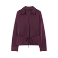 Dunkelmagenta Satin-Langarmshirt mit V-Ausschnitt und dünnem Kordelzug an der Taille - XS / Burgunderrot