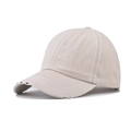 Close-up of beige washed cotton baseball cap with distressed brim and contrast stitching - Adjustable / Beige