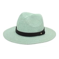 Detailed weave texture of a mint green paper straw panama hat with black faux leather band - M(56-58cm) / Mint Green