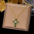 Gold - Dark Green Stone Cross (0386-GN)