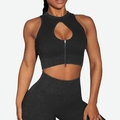 Black ribbed yoga set with cutout halter top and high waist leggings for fitness - S / Top And Bottom / Black