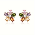Golden five-petal flower stud earrings with vibrant multi-colored pear-shaped gemstones - Colorful Flower Stud Earrings