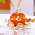 Orange enamel pumpkin carriage keychain with gold frame and sparkling rhinestones - Orange Single-Sided