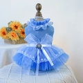 Blue lace pet dress with floral pattern, tiered mesh skirt and large organza bow - Blue Waltz Dress