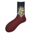 Navy and burgundy crew socks featuring a classical religious figure portrait design - Religious Figure Red