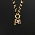 14K gold plated stainless steel paperclip chain necklace with letter P and pink stone - Letter P