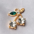 Mini cherry pendant in golden alloy with white and green rhinestones for DIY jewelry - Style 27