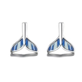 Silver mermaid tail stud earrings with blue and white striped enamel inlay details - Blue White Striped Fish Tail Studs (Blue DZ-300)