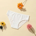 Close-up of white ribbed low-waist panties with delicate lace edges and a small bow detail - S / White
